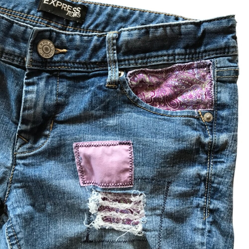 Upcycled Ripped Jean Short Cutoffs, Patchwork Distressed Junior Size 8 - Picture 7 of 11